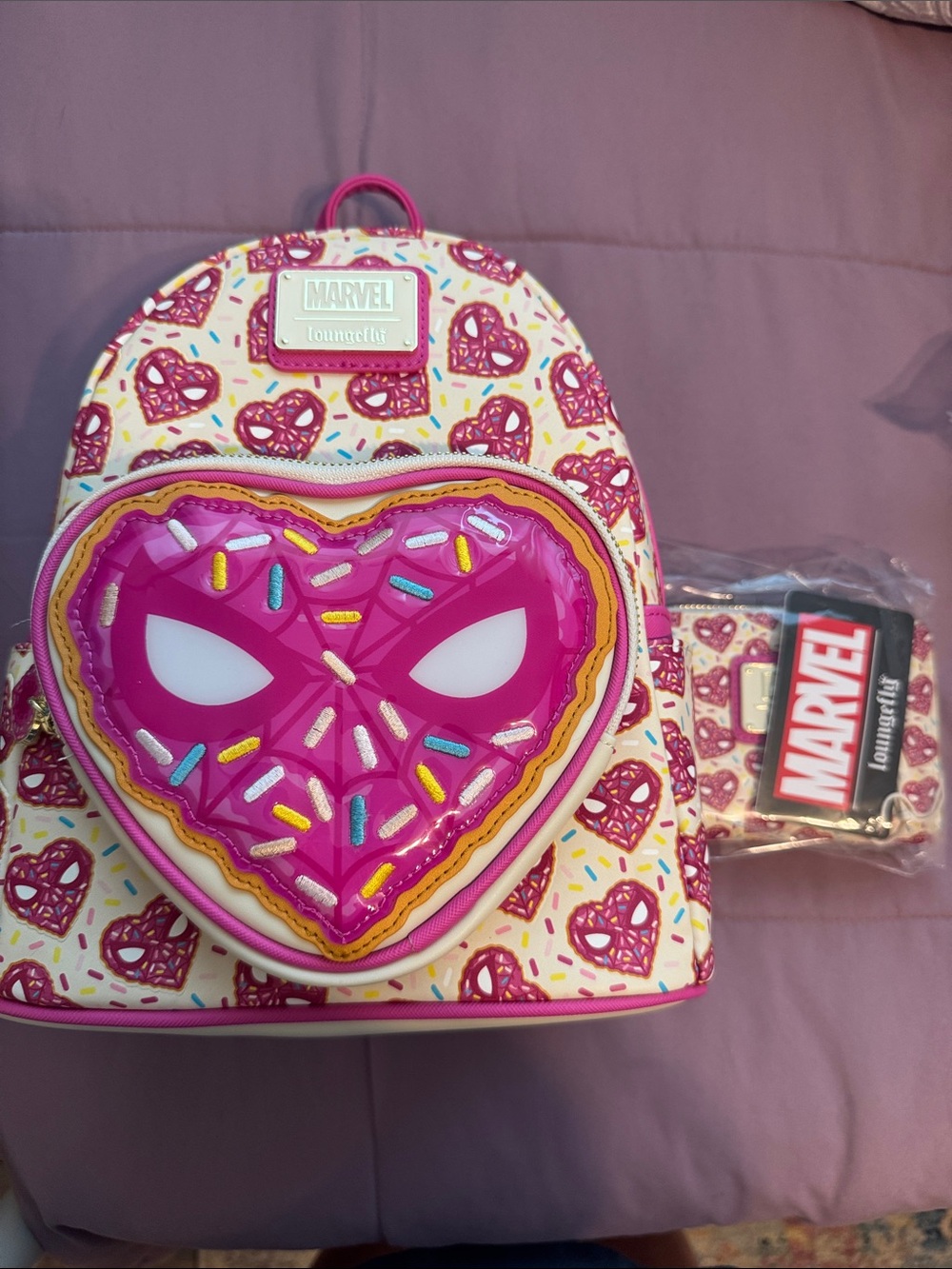 Loungefly Marvel Pink Spider-Donut Kids Mini Backpack and wallet